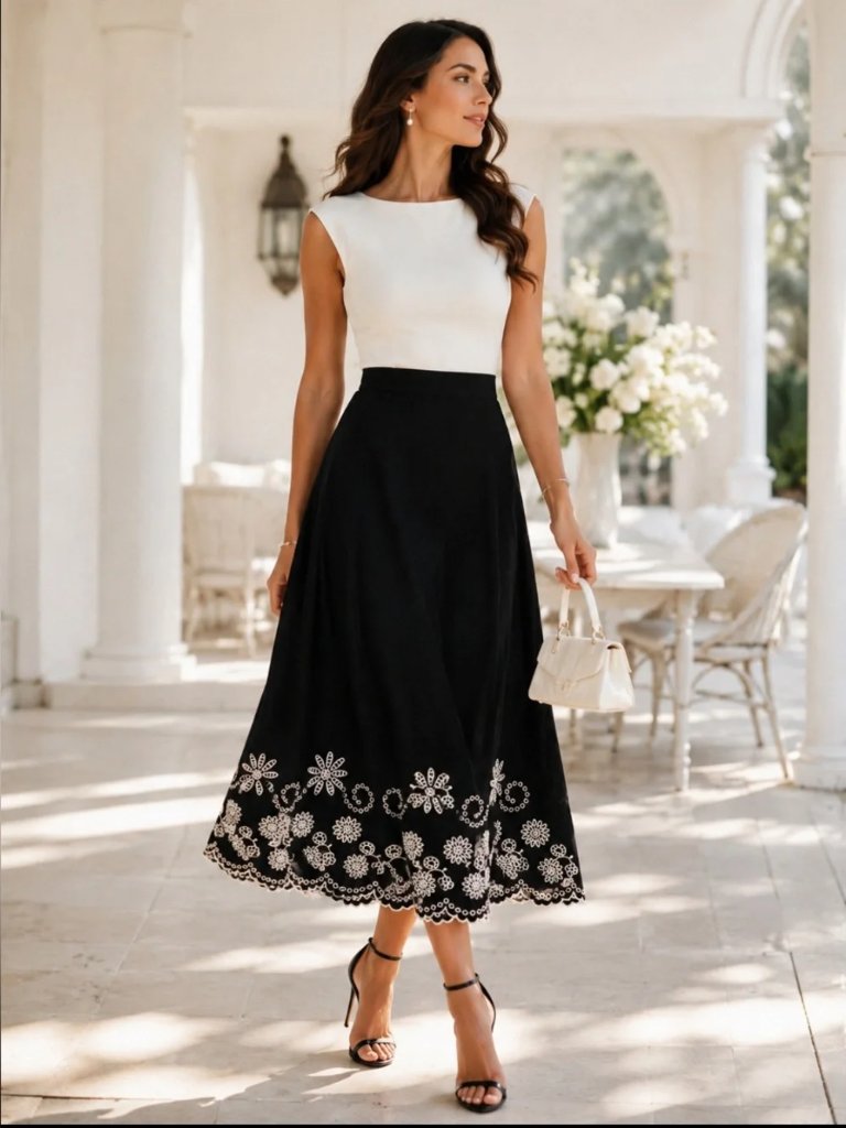 Nwt Elie Tahari Black A-Line Skirt White Floral Trim, Sz 8